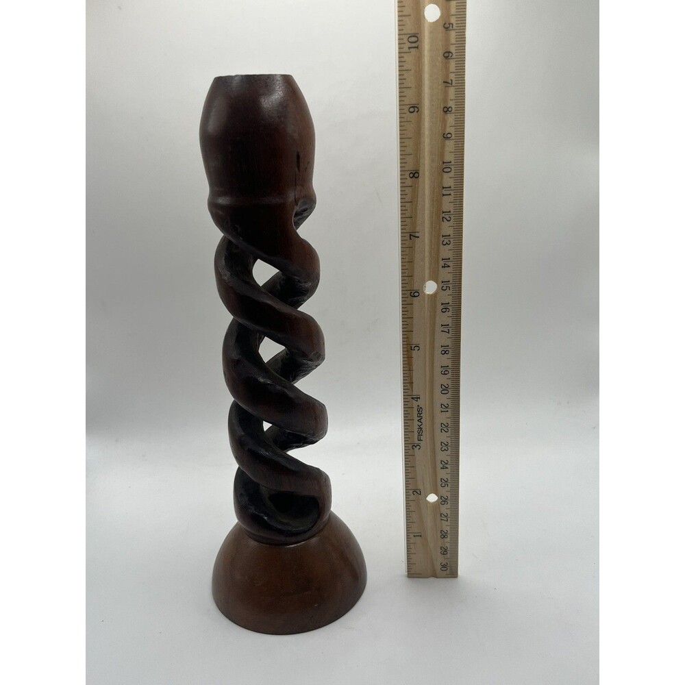 Vintage Walnut Open Barley Twist Candlesticks Pair 10 in Hand Turned Wood - Picture 5 of 5